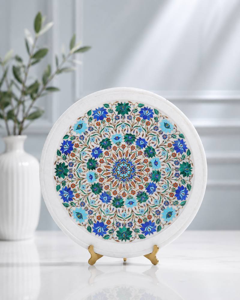14-Inch Vibrant Floral Inlay White Marble Decorative Plate