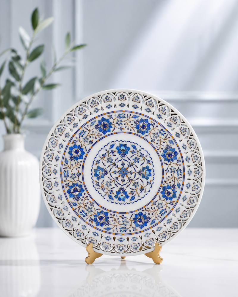 14-Inch Classic Floral Inlay White Marble Decorative Plate