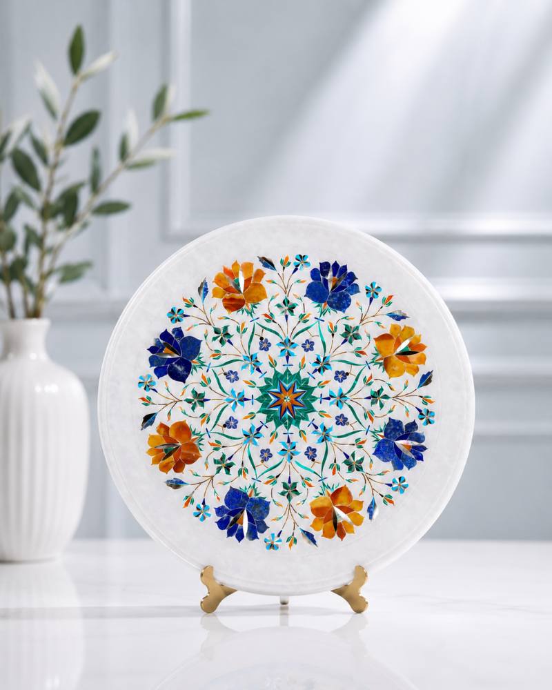 12-Inch Circular Floral Inlay White Marble Decorative Plate