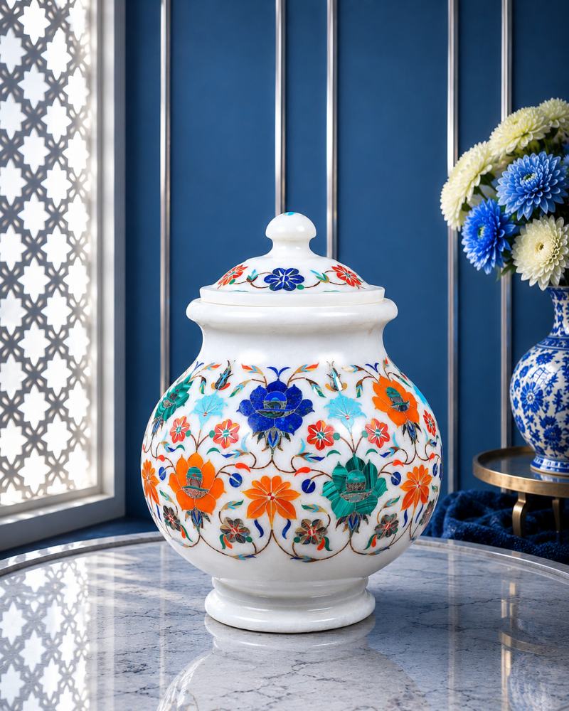 Artisanal 5-Inch Handcrafted White Marble Inlay Flower Pot with Lid