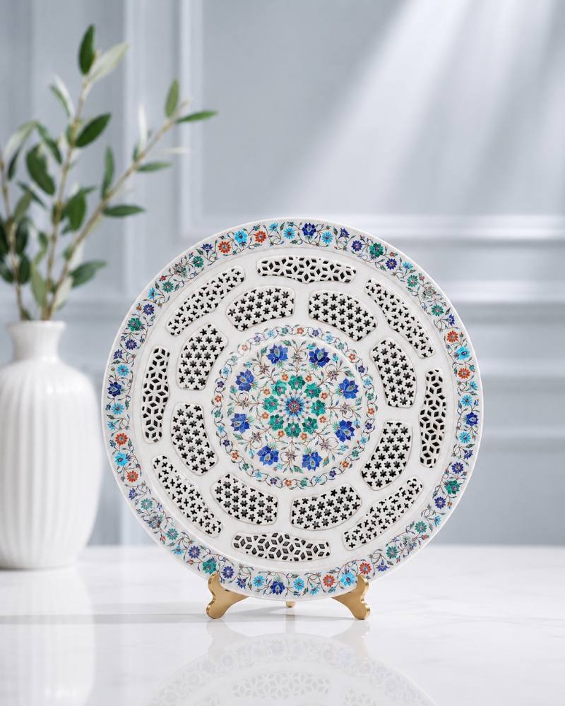 18-Inch Ornate Floral and Lattice Inlay White Marble Decorative Plate