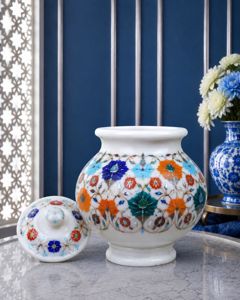 Artisanal 5-Inch Handcrafted White Marble Inlay Flower Pot with Lid