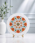 12-Inch Orange-Floral Inlay White Marble Decorative Plate
