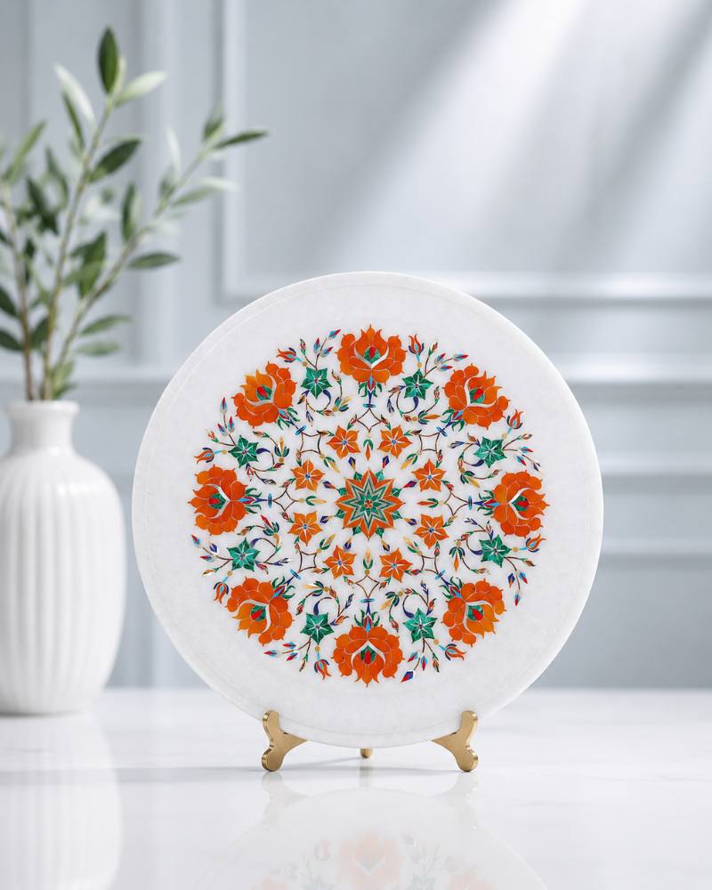 12-Inch Orange-Floral Inlay White Marble Decorative Plate