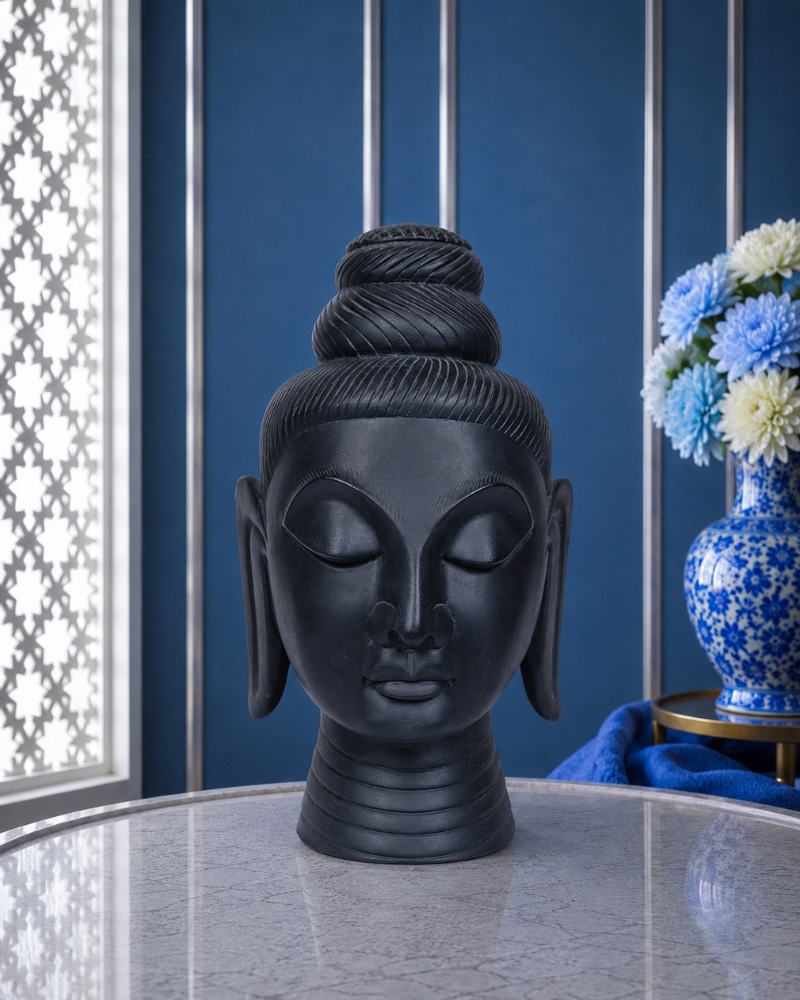 Artisanal 11-Inch Handcrafted Black Marble Buddha Head Statue