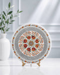 16-Inch Floral and Lattice Inlay White Marble Decorative Plate