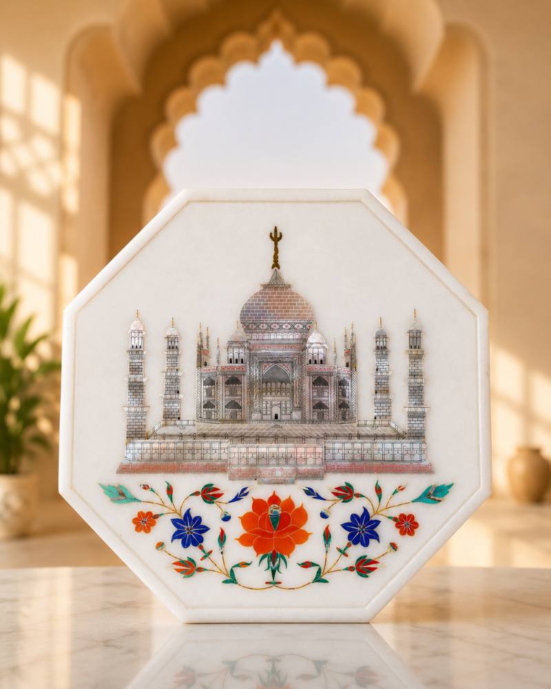 12-Inch Octagonal Taj Mahal Inlay White Marble Side Table