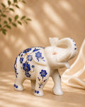 7-Inch Blue Floral Inlay White Marble Elephant
