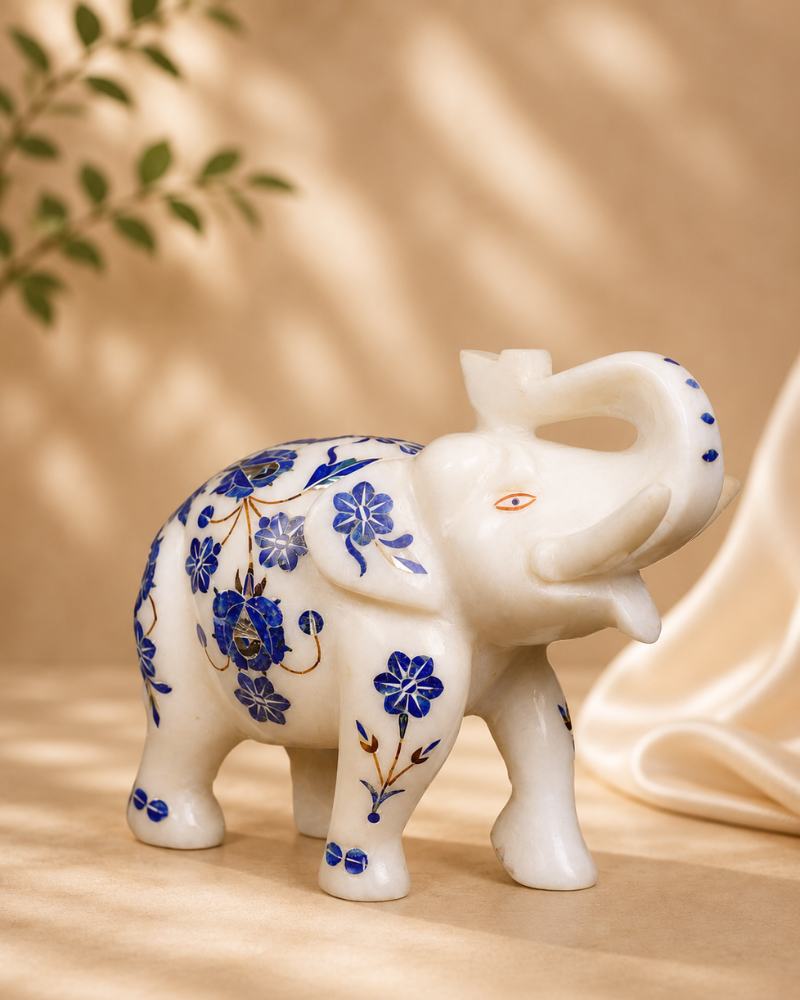 7-Inch Blue Floral Inlay White Marble Elephant