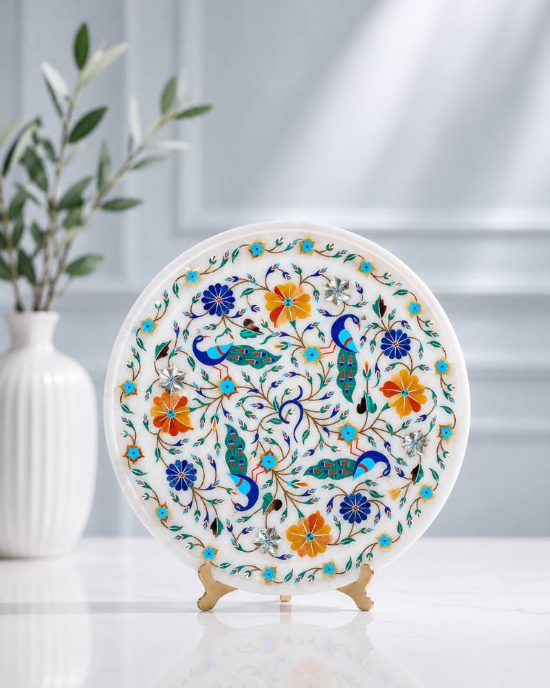 10-Inch Peacock and Floral Inlay White Marble Decorative Plate