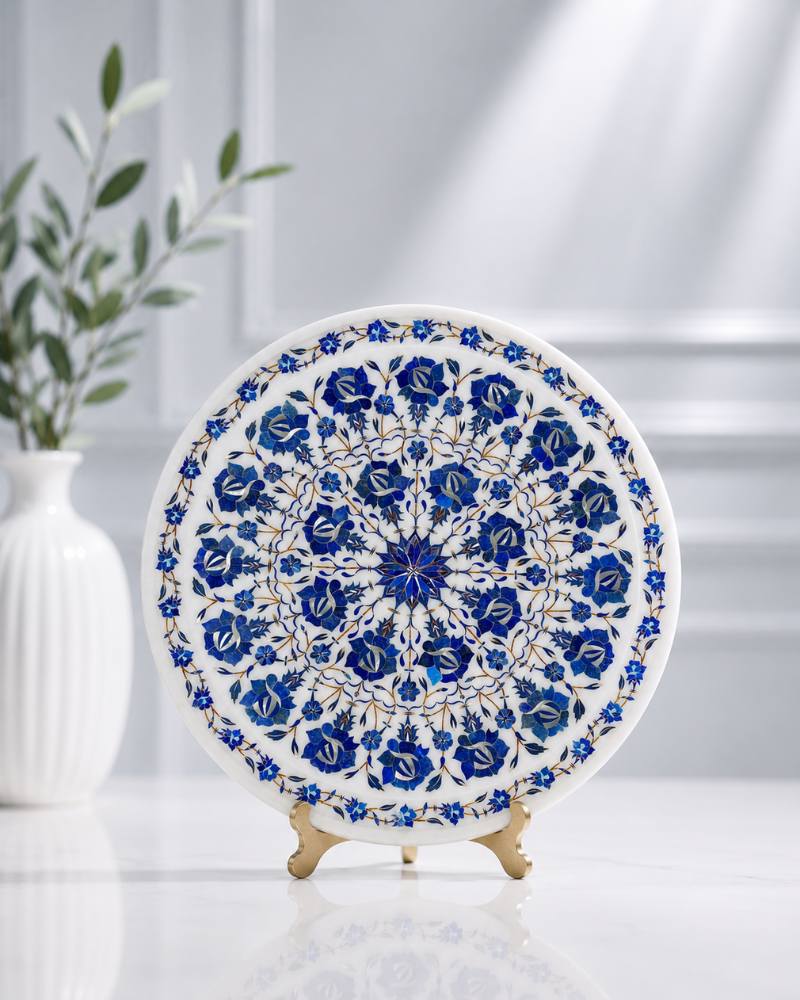 13-Inch Cobalt Blue Petal Inlay White Marble Decorative Plate