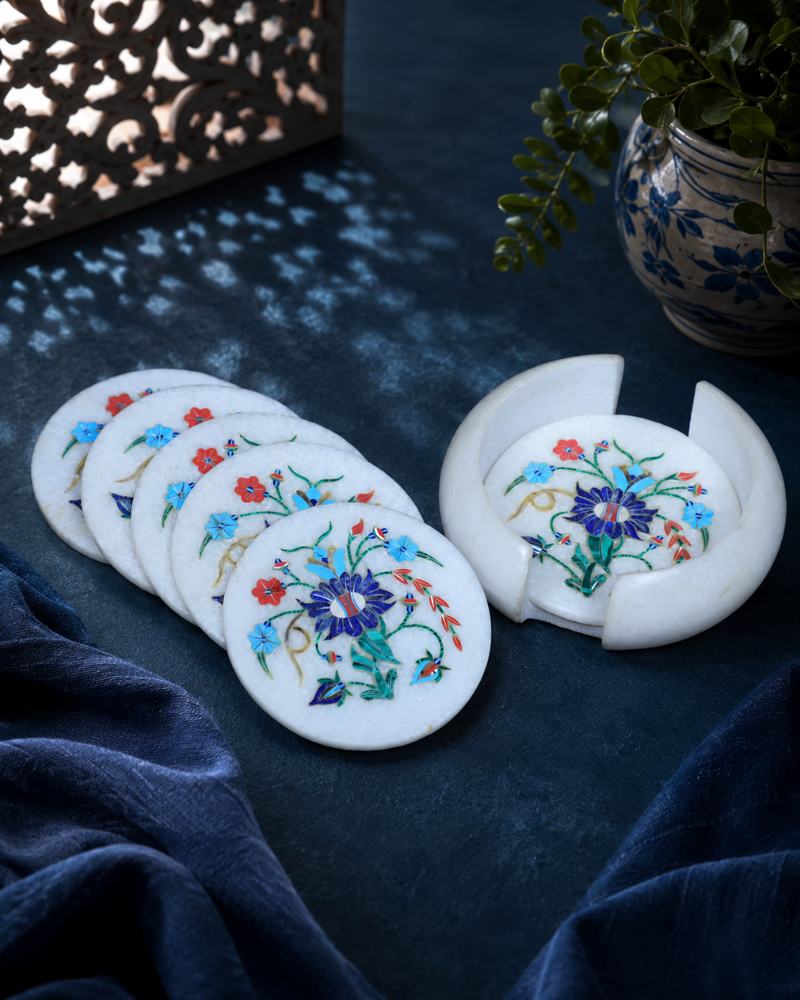 Elegant Round White Marble Coaster Set with Handcrafted Floral Inlay