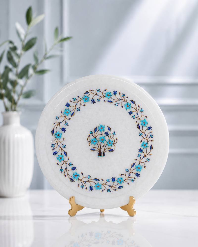 12-Inch Azure Blossom Inlay White Marble Decorative Plate