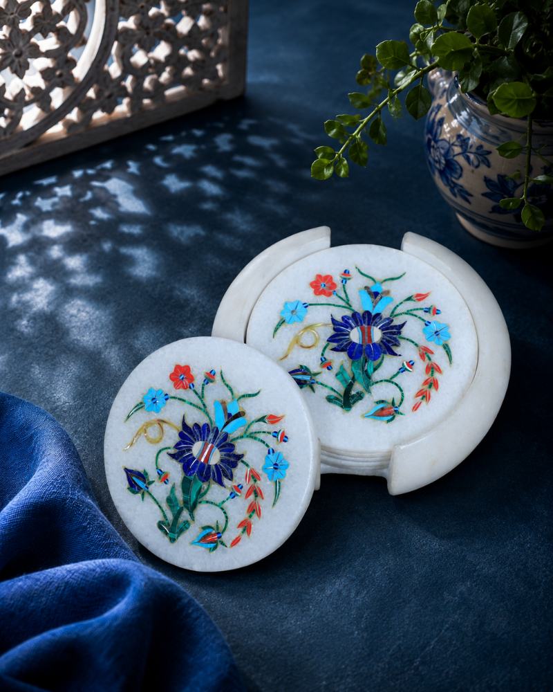 Elegant Round White Marble Coaster Set with Handcrafted Floral Inlay