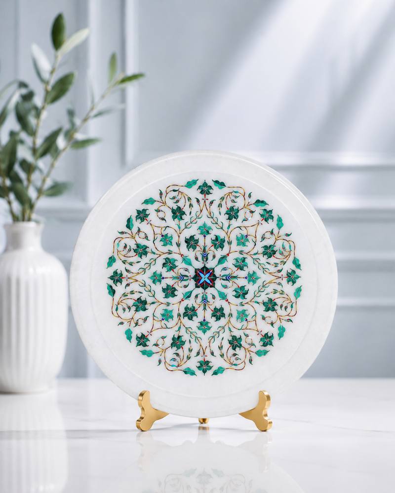 10-Inch Emerald-Tone Floral Inlay White Marble Decorative Plate