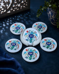 Elegant Round White Marble Coaster Set with Handcrafted Floral Inlay