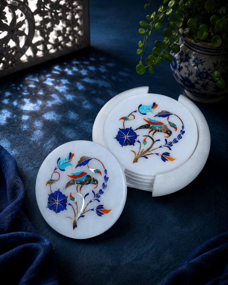 Artisanal Round White Marble Coaster Set with Bird and Floral Inlay