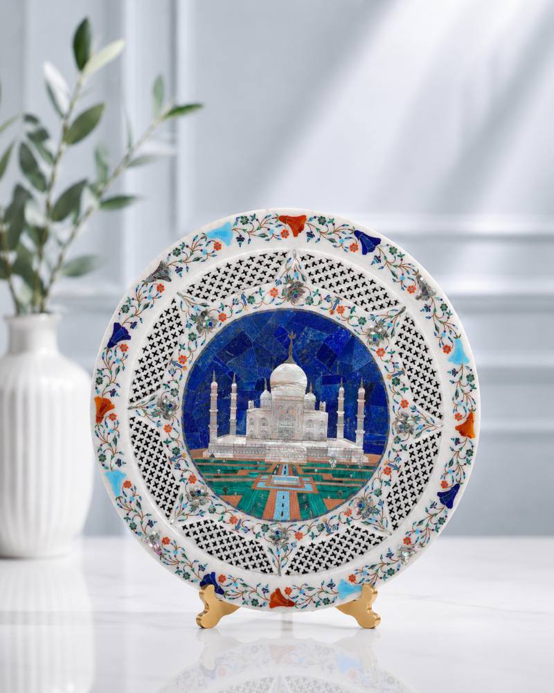 20-Inch Taj Mahal Motif Inlay White Marble Decorative Plate
