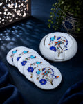 Artisanal Round White Marble Coaster Set with Bird and Floral Inlay