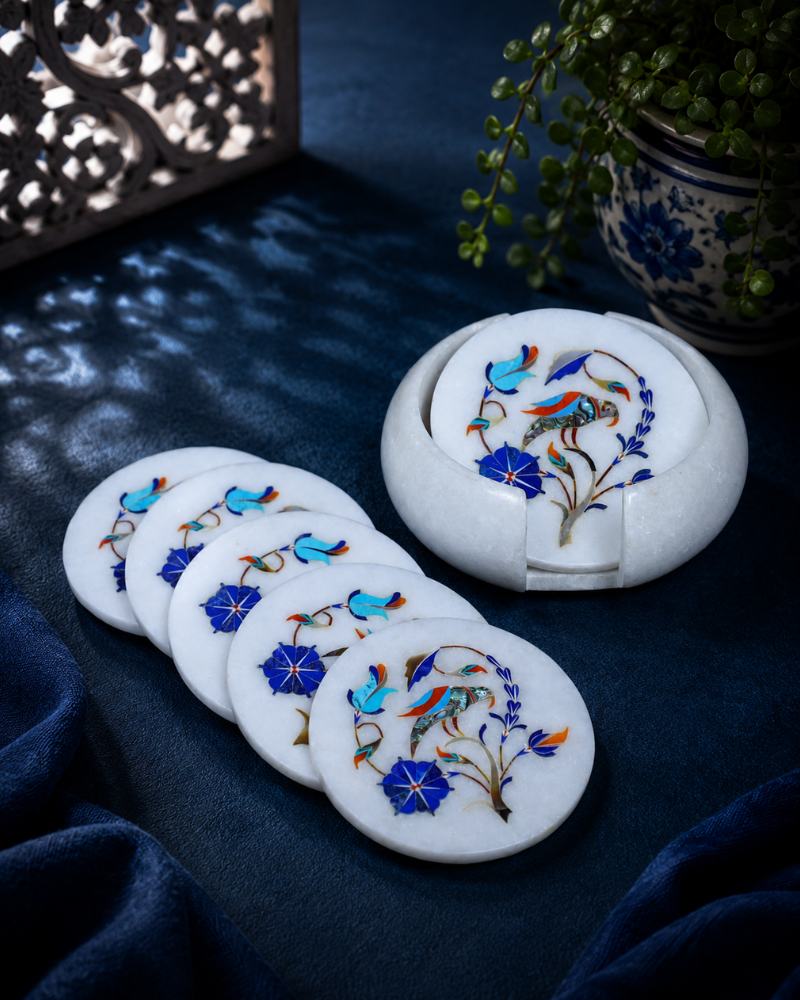Artisanal Round White Marble Coaster Set with Bird and Floral Inlay