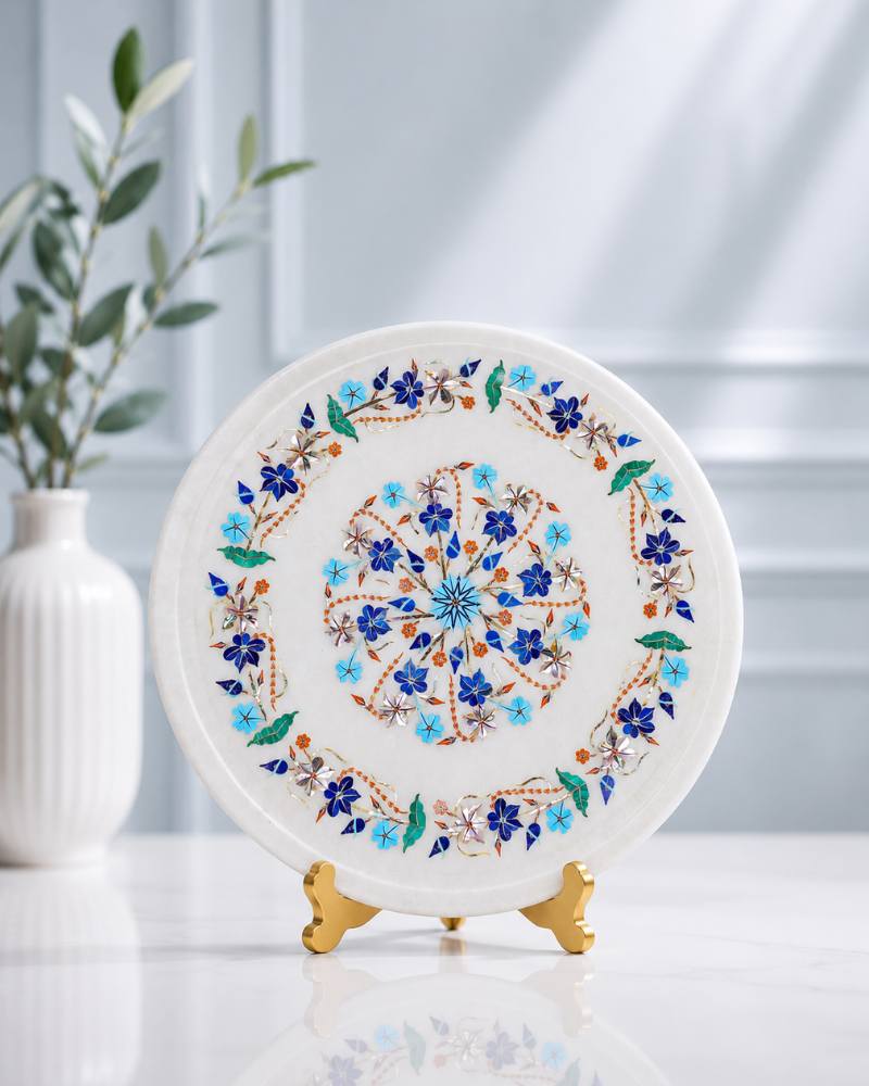 12-Inch Floral Inlay Decorative Marble Plate