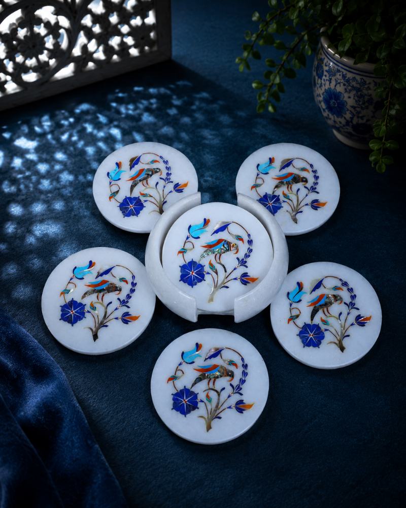 Artisanal Round White Marble Coaster Set with Bird and Floral Inlay