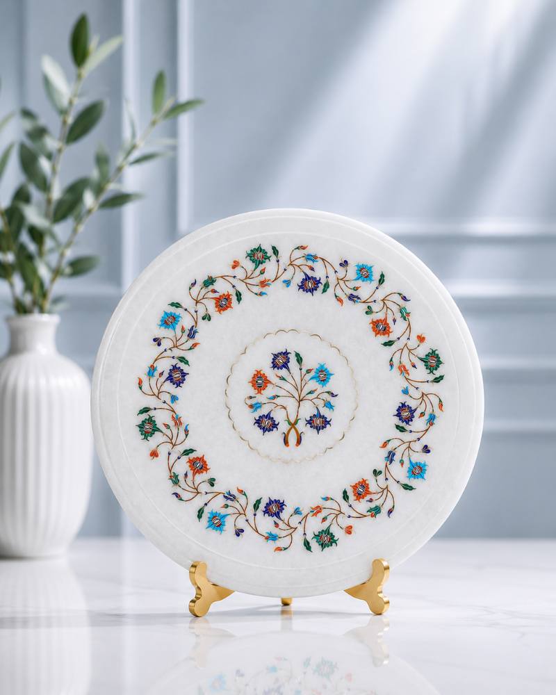 12-Inch Multi-Floral Inlay Decorative Marble Plate