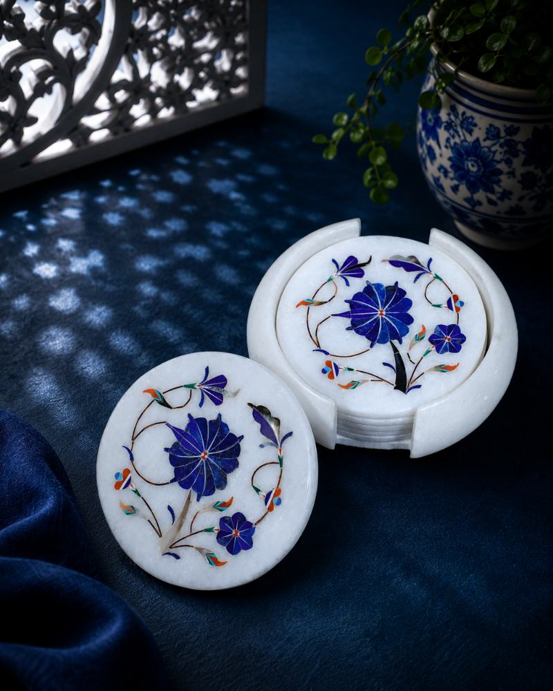 Artisanal Round White Marble Coaster Set with Cobalt Blue Floral Inlay