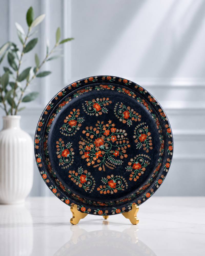 17-Inch Floral Inlay Black Marble Decorative Plate