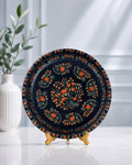 17-Inch Floral Inlay Black Marble Decorative Plate