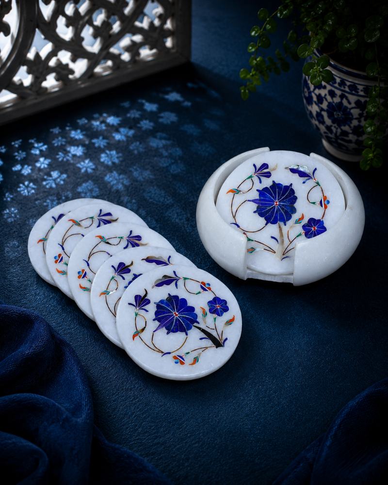 Artisanal Round White Marble Coaster Set with Cobalt Blue Floral Inlay