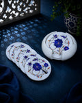 Artisanal Round White Marble Coaster Set with Cobalt Blue Floral Inlay