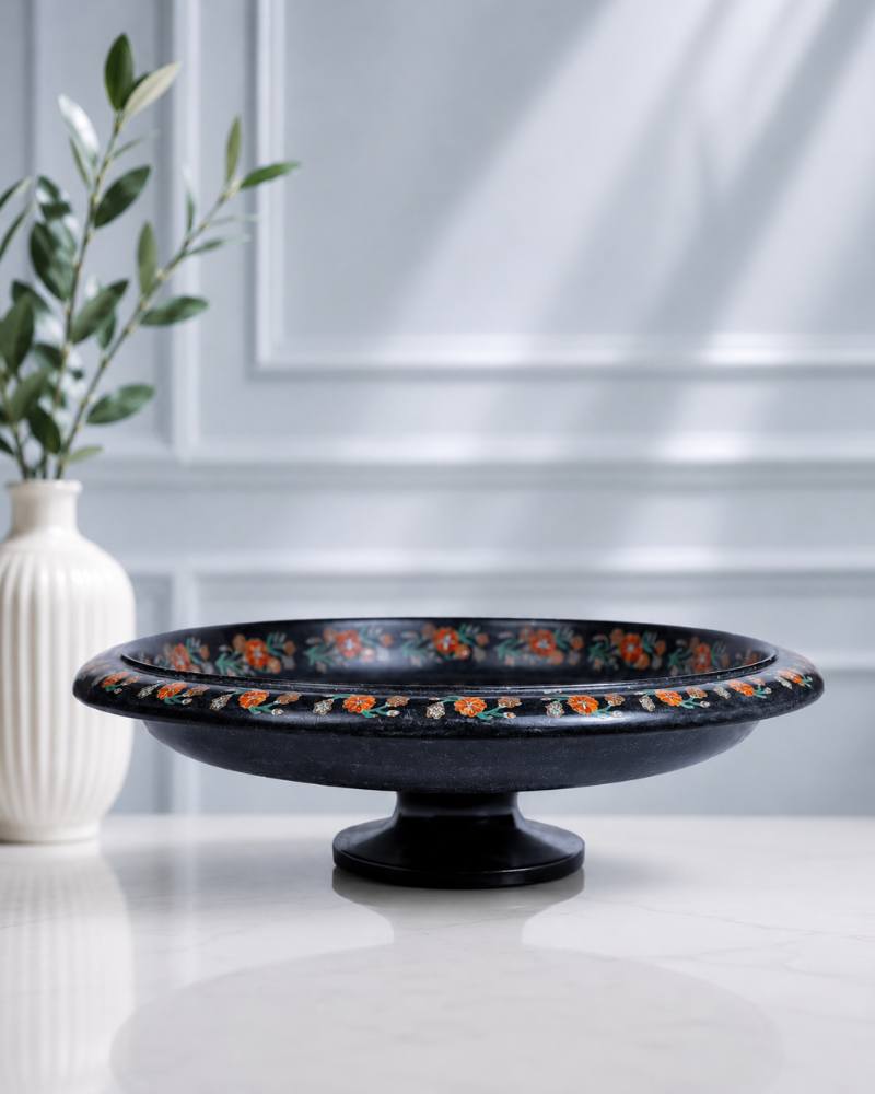 17-Inch Floral Inlay Black Marble Decorative Plate