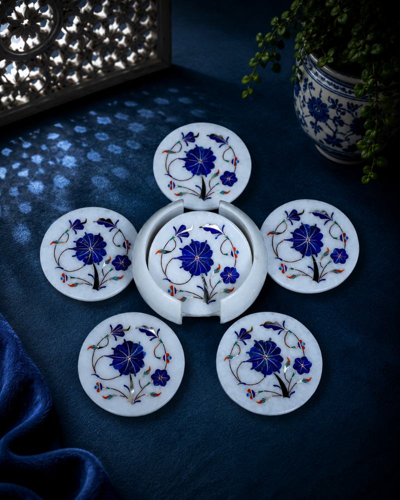 Artisanal Round White Marble Coaster Set with Cobalt Blue Floral Inlay
