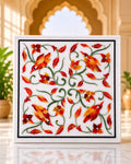 14-Inch Square White Marble Side Table with Bird and Floral Inlay