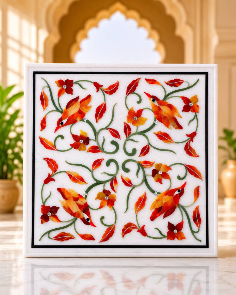 14-Inch Square White Marble Side Table with Bird and Floral Inlay