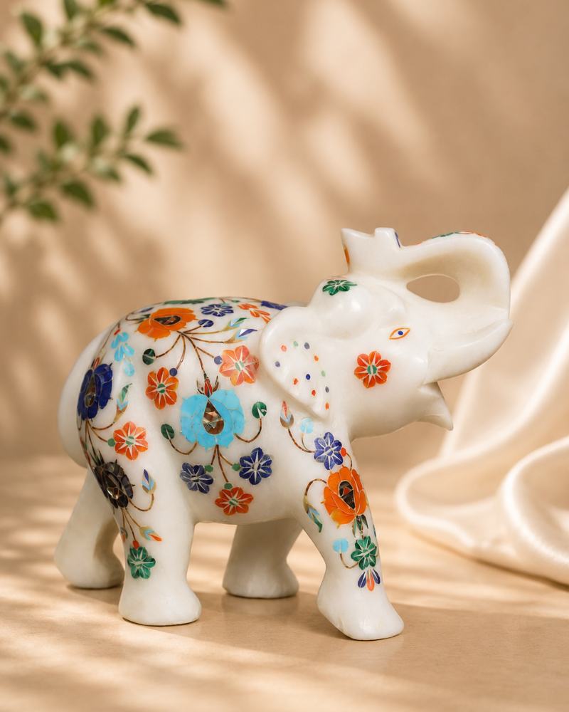 8-Inch Floral Inlay White Marble Elephant