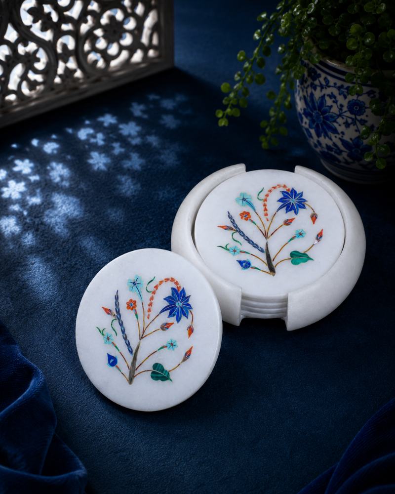 Artisanal Round White Marble Coaster Set with Intricate Floral Inlay