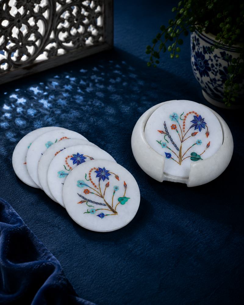 Artisanal Round White Marble Coaster Set with Intricate Floral Inlay