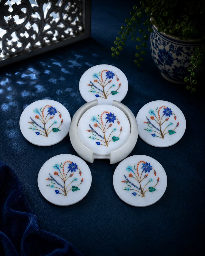 Artisanal Round White Marble Coaster Set with Intricate Floral Inlay