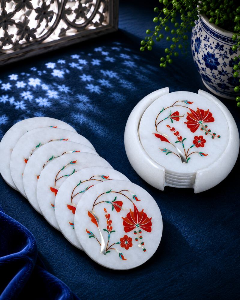 Artisanal Round White Marble Coaster Set with Vibrant Floral Inlay