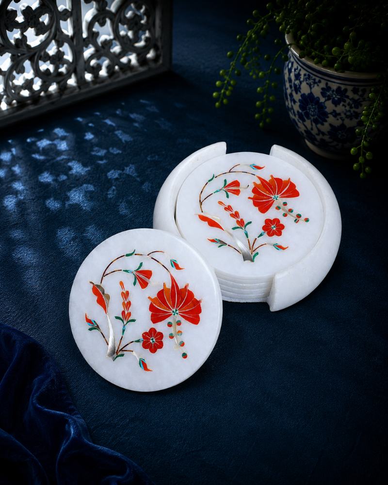 Artisanal Round White Marble Coaster Set with Vibrant Floral Inlay
