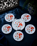 Artisanal Round White Marble Coaster Set with Vibrant Floral Inlay