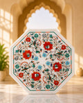 Exquisite 12-Inch Octagonal Floral Inlay White Marble Side Table