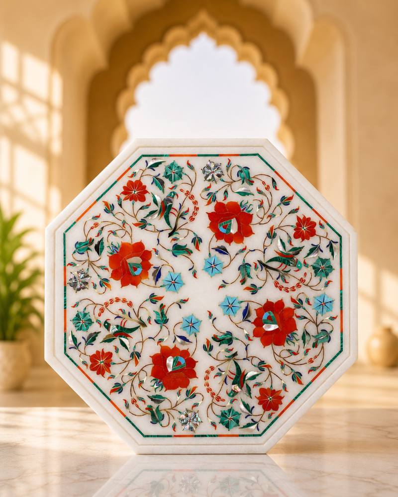 Exquisite 12-Inch Octagonal Floral Inlay White Marble Side Table
