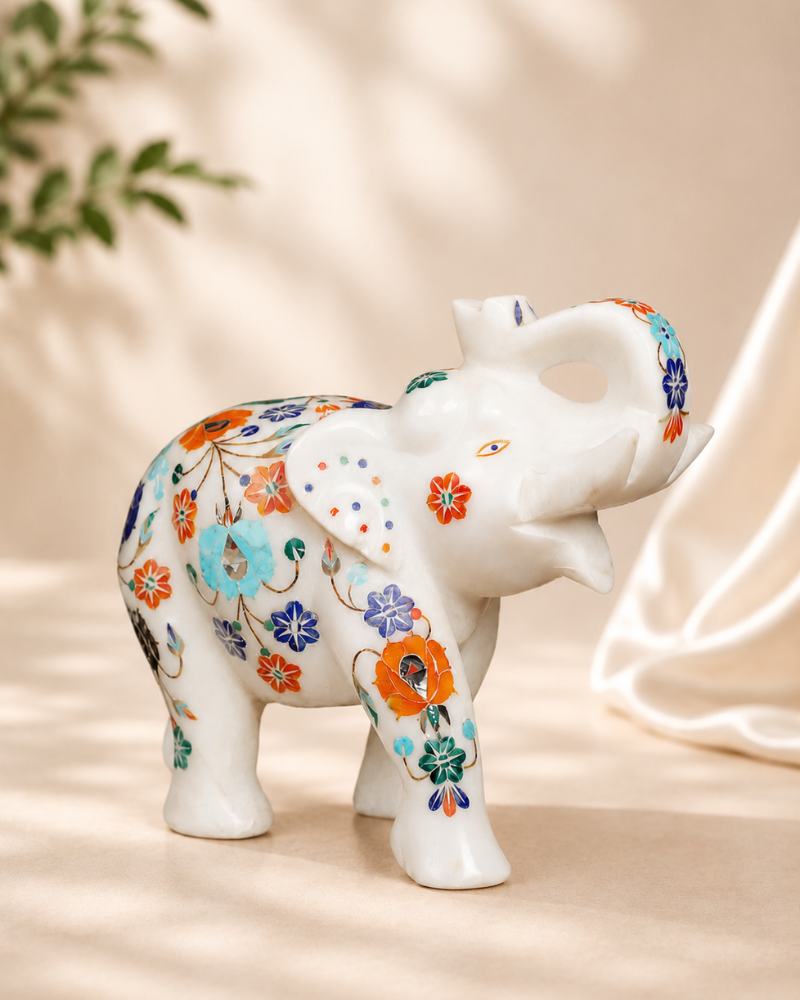 8-Inch Floral Inlay White Marble Elephant