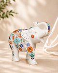 8-Inch Floral Inlay White Marble Elephant