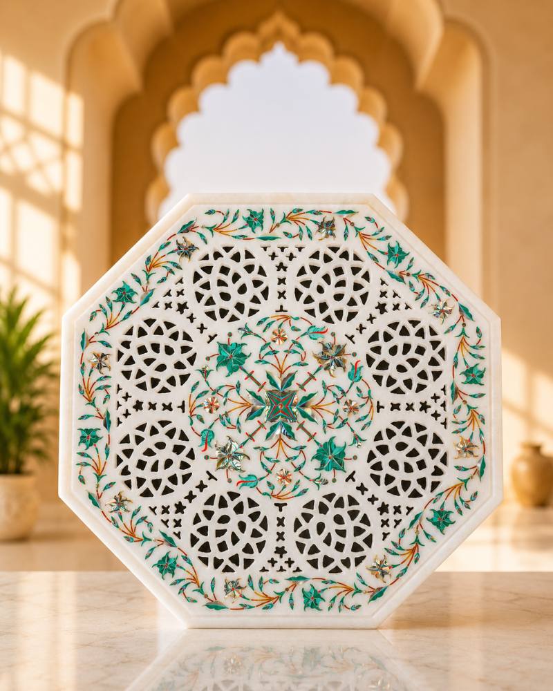 12-Inch Octagonal White Marble Side Table with Lattice Floral Design