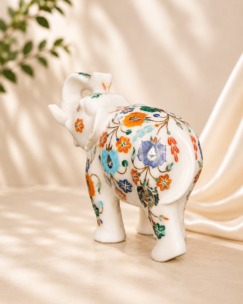 8-Inch Floral Inlay White Marble Elephant