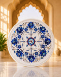 12-Inch Round White Marble Side Table with Blue Floral Inlay